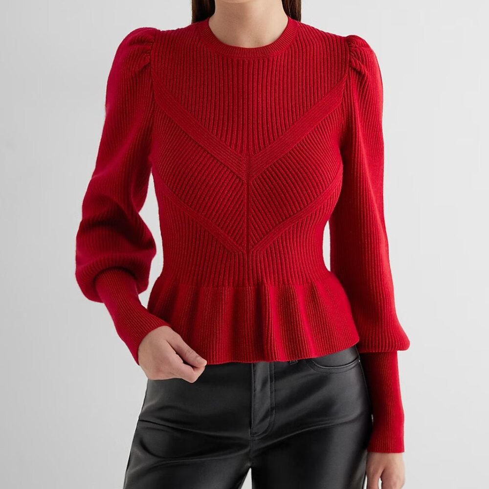 EXPRESS Ribbed Puff Sleeve Peplum Sweater